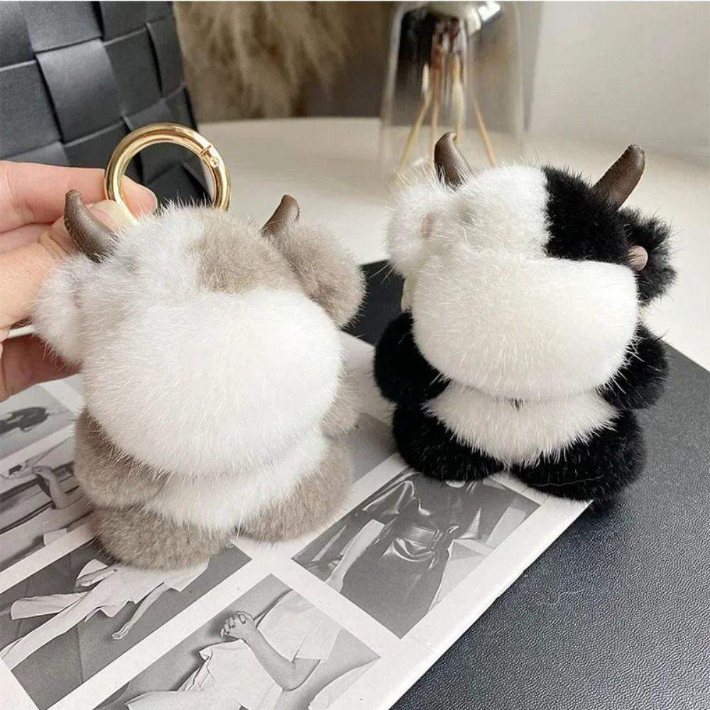 Long Mane Calf Plush Pendant with Horn Cute Animal Keychain Plush Cow Keychain Children