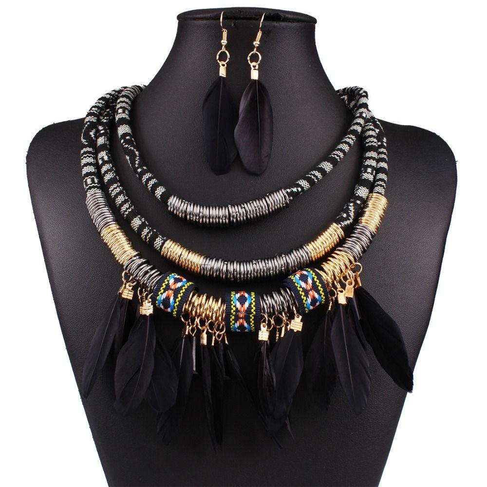 Fashion Feather Tassel Necklace Multilayer Necklace Earrings Set Ethnic Jewelry Set  Women Jewelry