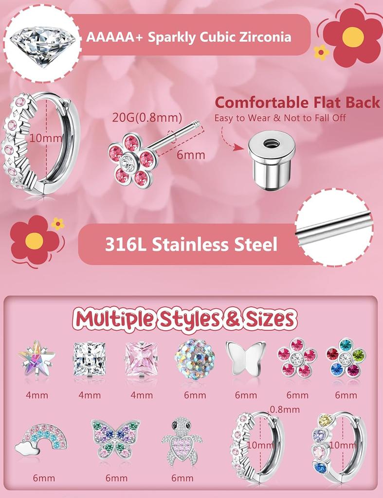 Bobisty Hypoallergenic Surgical Stainless Steel Earrings for Women Screw Back Earrings Cute Flower Butterfly Stud Hoop Earrings