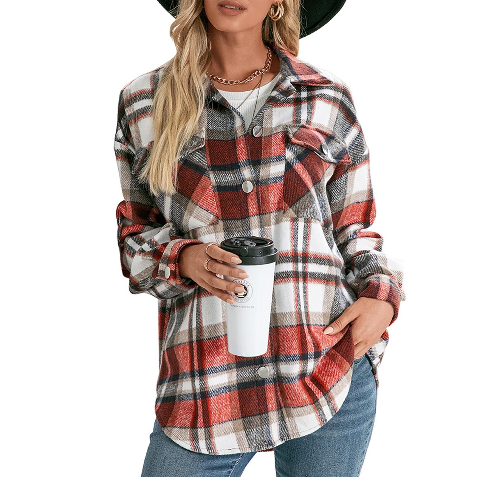 

Women s Winter Casual Loose Grinding Wool Plaid Shirt Plush Plaid Shirt Jacket L червоний