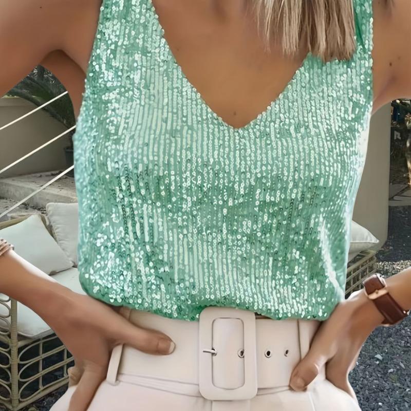 Women Sexy Sequin V Neck Sleeveless Ladies Tank Top