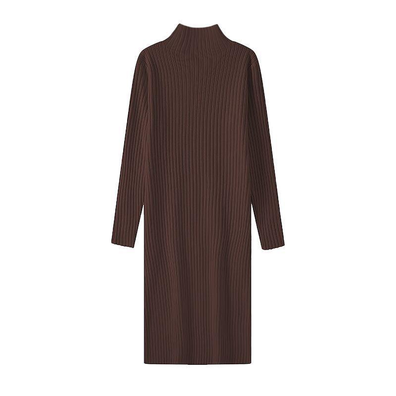 Women's Autumn & Winter Wool Knit Dress - Half-High Collar, Loose Long Sleeve, Mid-Length Base Layer Over the Knee.