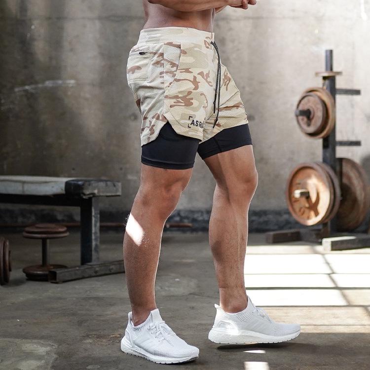 Shorts de Corrida ao Ar Livre Masculino Plus Size com Camada Dupla e Múltiplos Bolsos