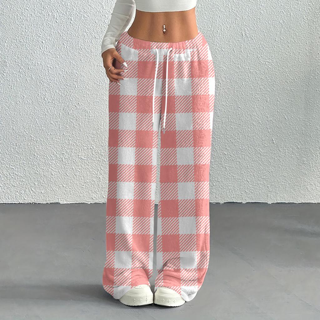 Women's Casual Fashion Printed Elastic Waist Loose Straight Leg Pants With Rope
