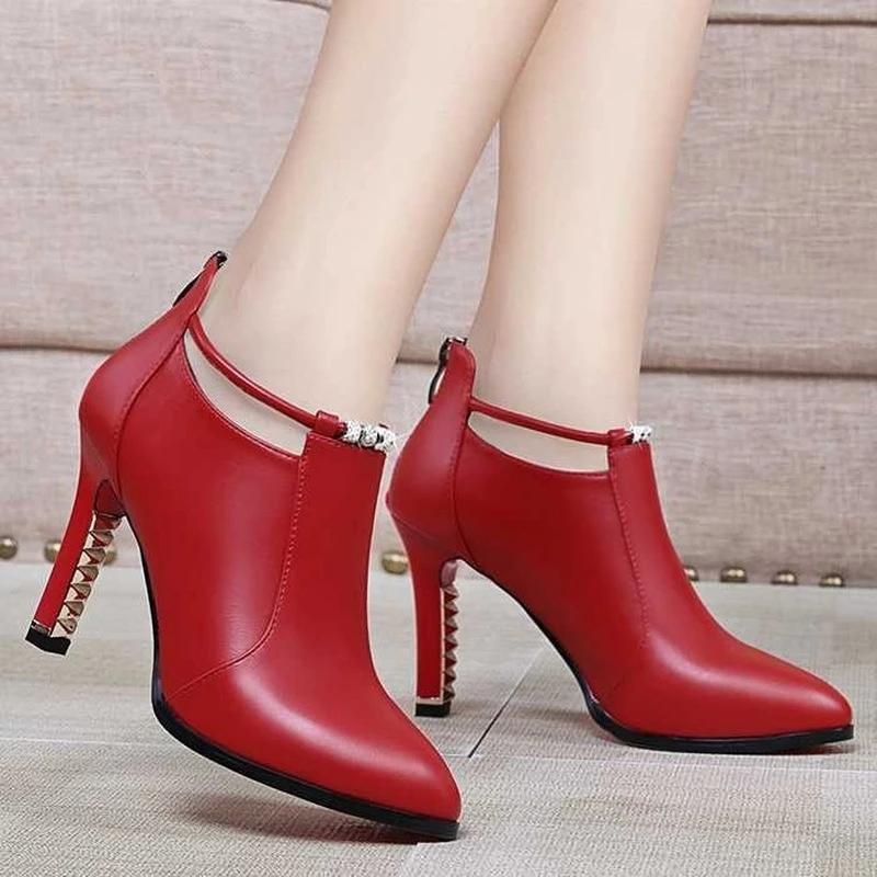 Fashion Rhinestone Detail Women's Pointed Toe Ankle Boots | Synthetic Ultrahigh Stiletto Heels, Casual Dress Style with Back Zipper, Metal Thin Heel