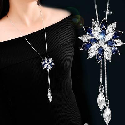 Cadena larga de circonitas con copos de nieve para mujer, collares y colgantes maxi de cristal color plata a la moda, joyería llamativa