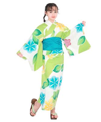 Yukata Set for Natural Textured Set Junior Girls Visiting the Village Where Flowers [KYOETSU] Girls, Two-Piece, White, Weave, 3-Piece (Yukata, Obi,