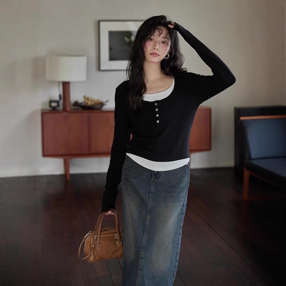 Fashion Long Sleeve T Shirt With Color Block Design For Casual Wear