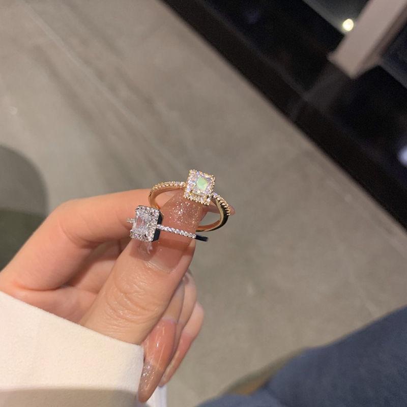 Japan And South Korea Light Luxury Square Diamond Zircon Super Flash Ring Women'S Cold Wind Niche Design Opening Adjustable High-End Ring