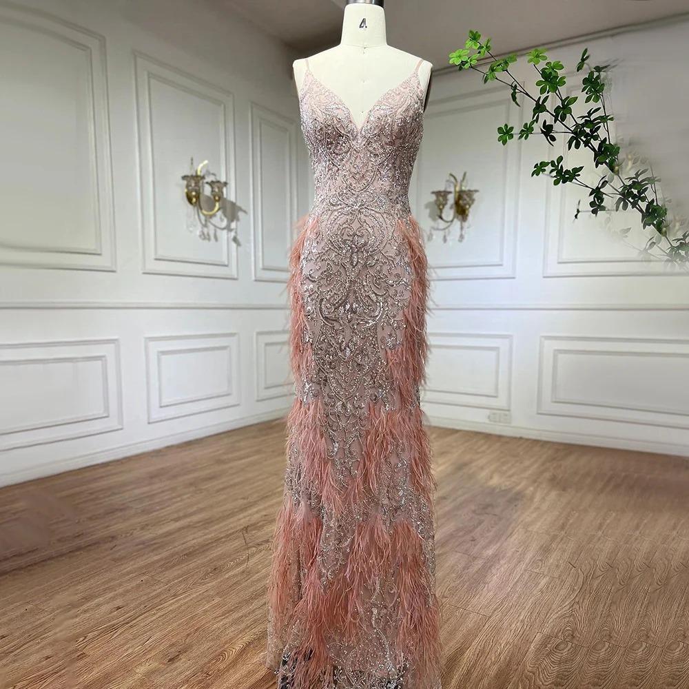 European and American pink luxury beaded feather sexy suspender fishtail atmosphere hosting banquet evening dress LA11101