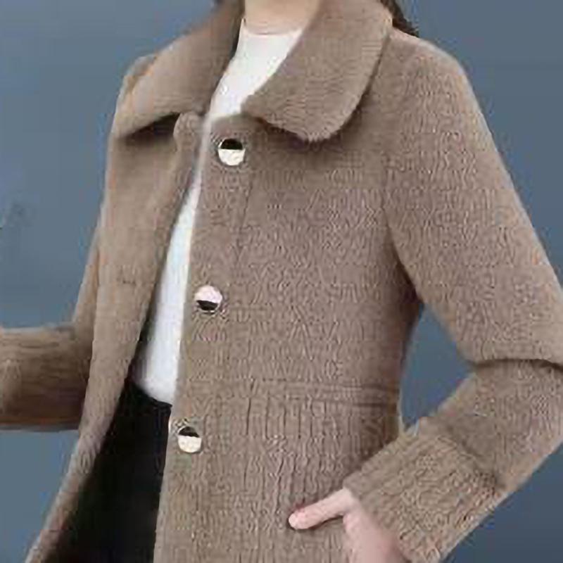 Veste Longue Épaissie d'Hiver en Fourrure d'Agneau Laine Manteau Mères Femmes d'Âge Moyen Tendance Polyester