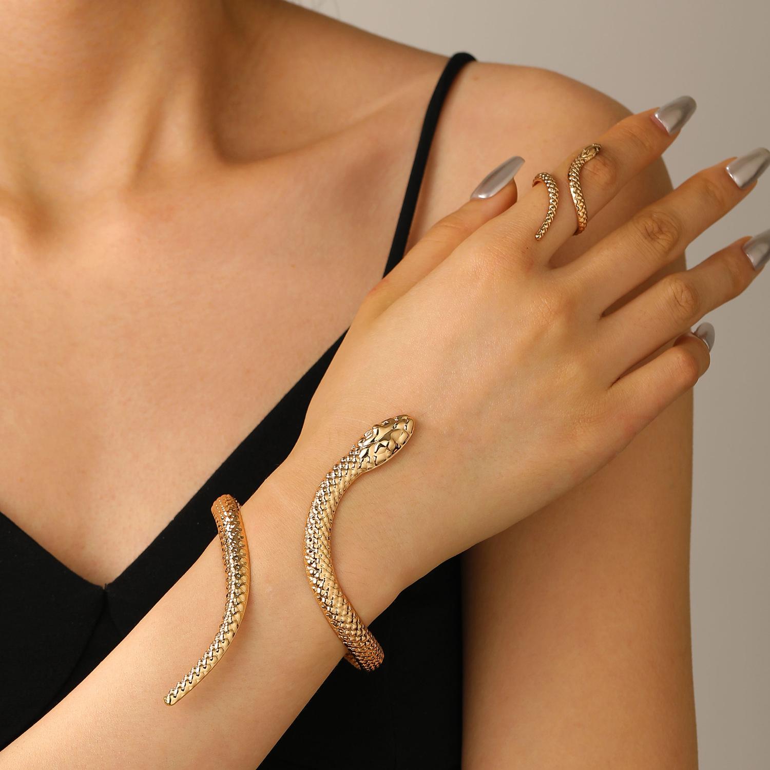 

DIEZI Punk Gold Silver Color Metal Snake Cuff Bangle Vintage Geometric Bangles Bracelets Rings Set For Women Men Jewelry золотой