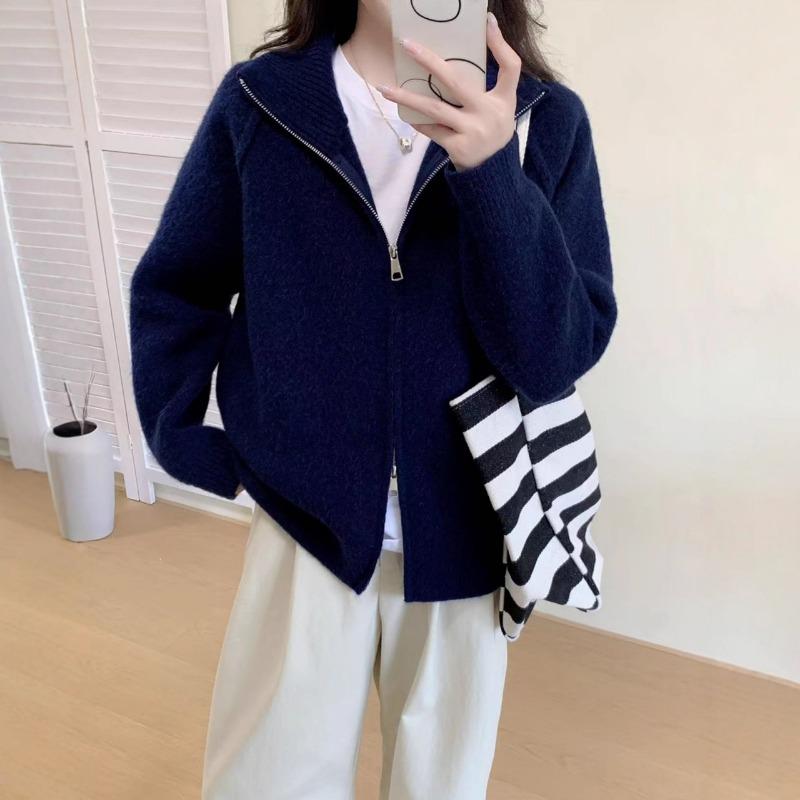 Autumn and Winter New Casual Simple Zipper Stand-up Neck Knitted Cardigan Women's Clothing Loose and Thin Versatile Sweater Jacket