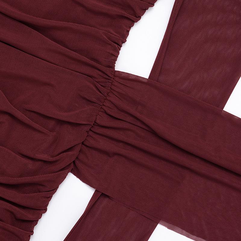 J25DS416 Elegantes einärmeliges plissiertes Netz-Langarmkleid für Damen
