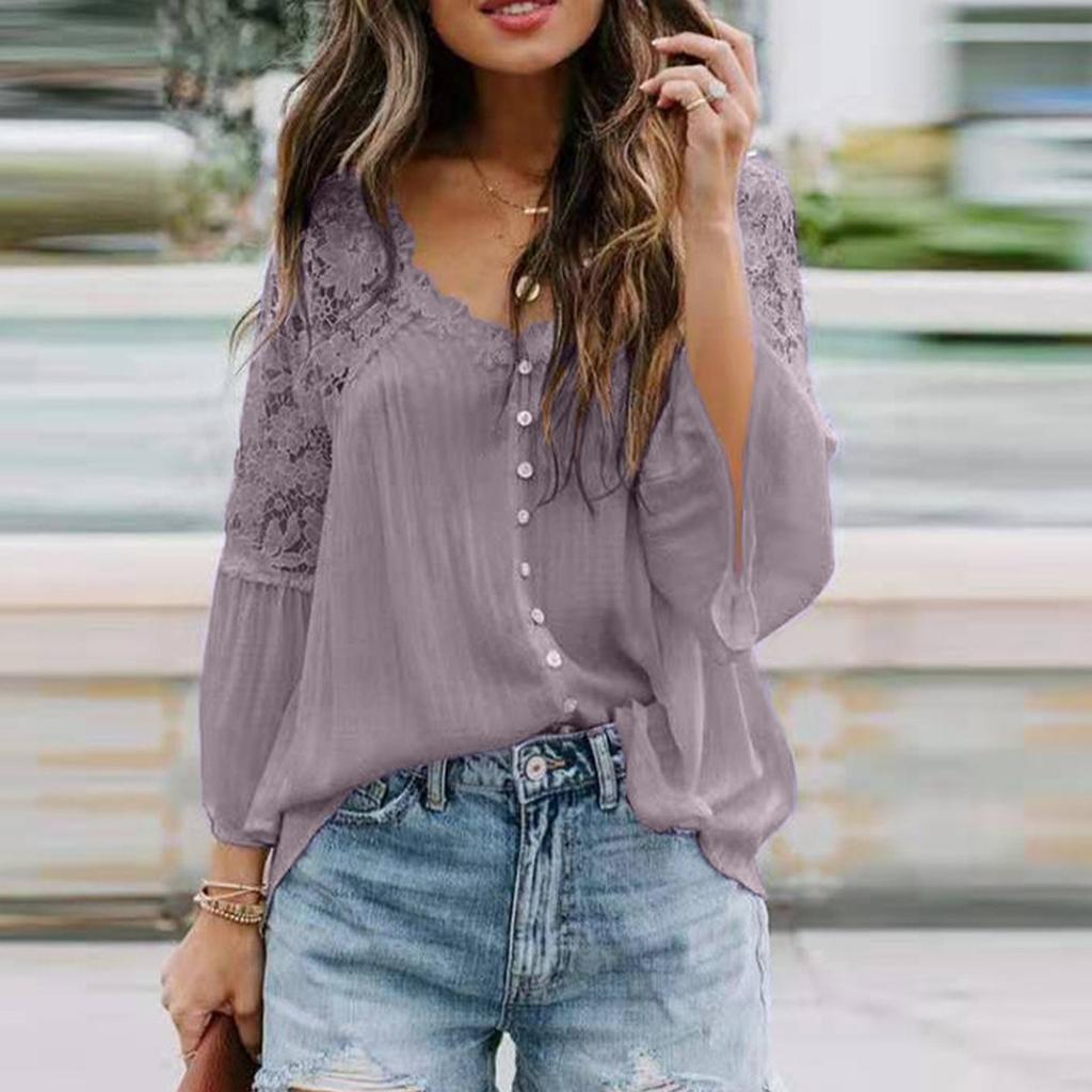 Women's Lace Shirt Women's Long Sleeve Color Deep V Pullover Chiffon Shirt