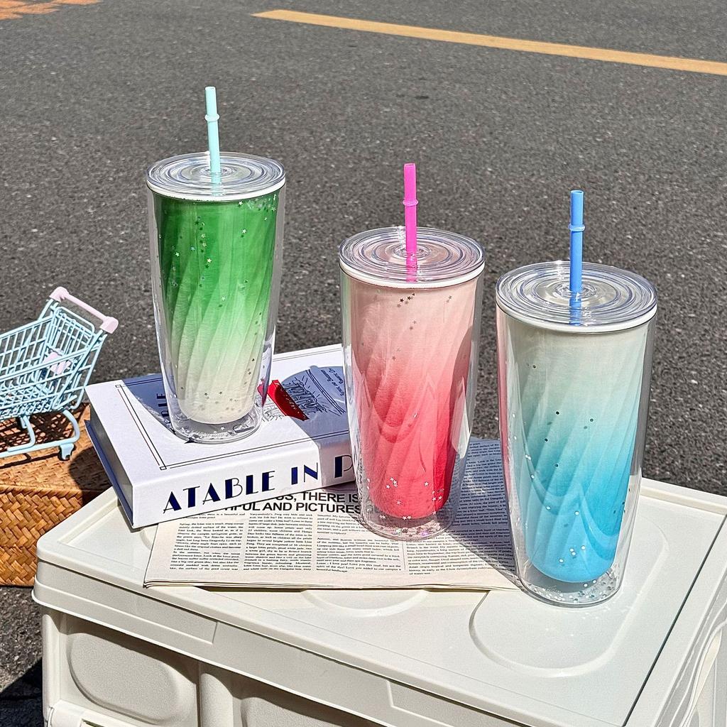 Summer Plastic Water Cup Female High Value Straw Cup, Portable Sports Large Capacity Gradual Change Color Cup