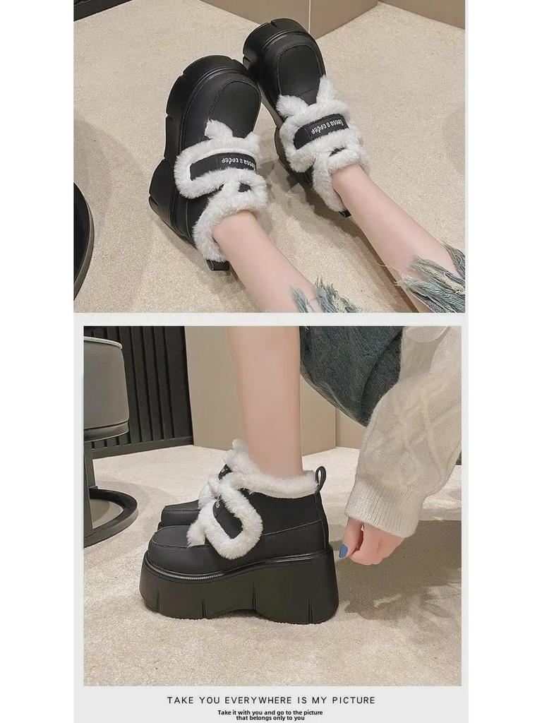 Women's Versatile Height-Boosting Velvet Platform Shoes with Velcro, for Autumn/Winter 2024