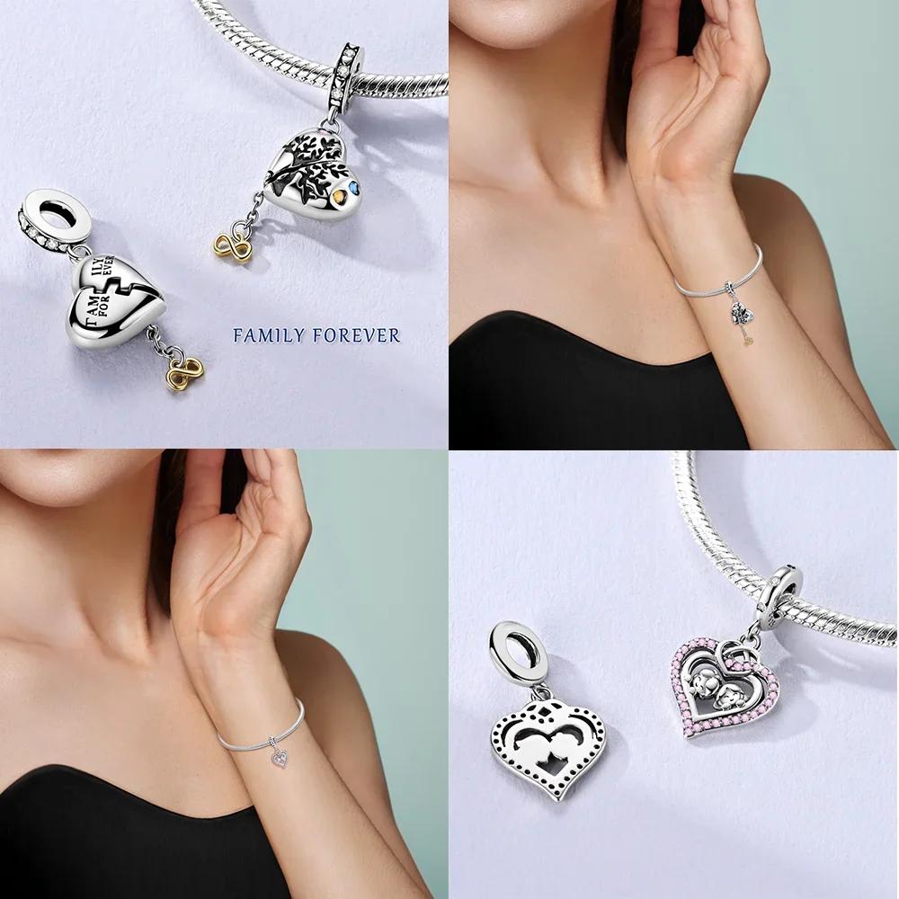 Authentic copperBlue Zircon Heart Pendant Luminous Crown Charm Bead Charms Bead Compatible With Bracelets Accessory Fine Valentines Day Gift Diy Set