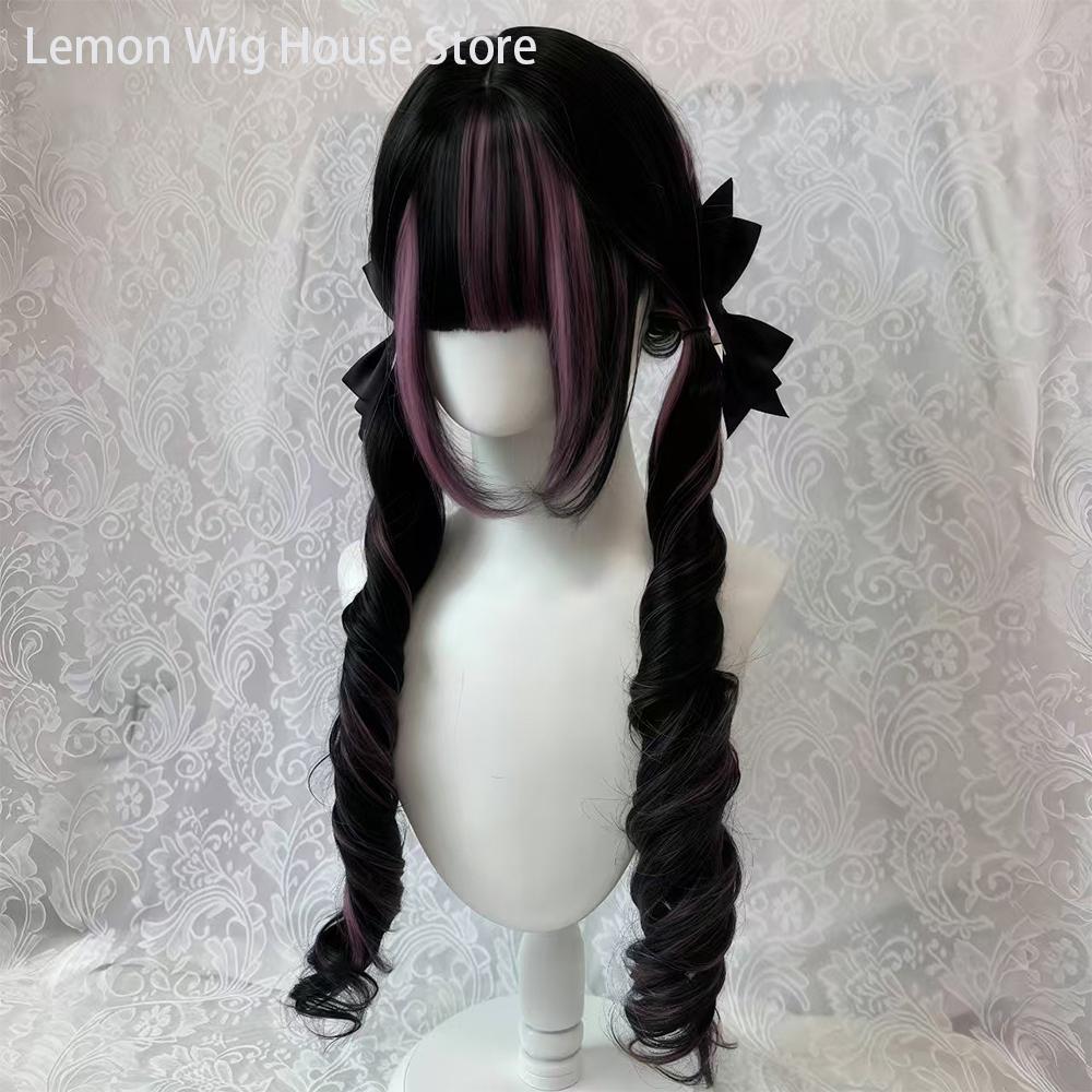 Black Wig with Pink Cosplay Wigs with Bangs  Lolita Long Curly Hair Wig Woman Party Cosplay Wig Natural Heat Resistant