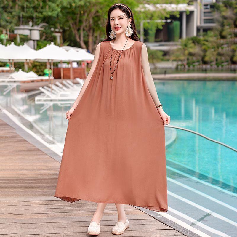 Sleeveless Cotton Dress Summer Loose Plus Size Slimming Vest Vacation Long Dress Elegant Beach