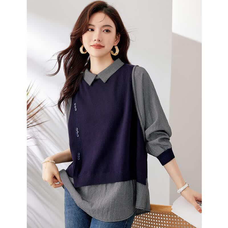Oudeifu Women s Long-Sleeve Knitted Plaid Shirt L