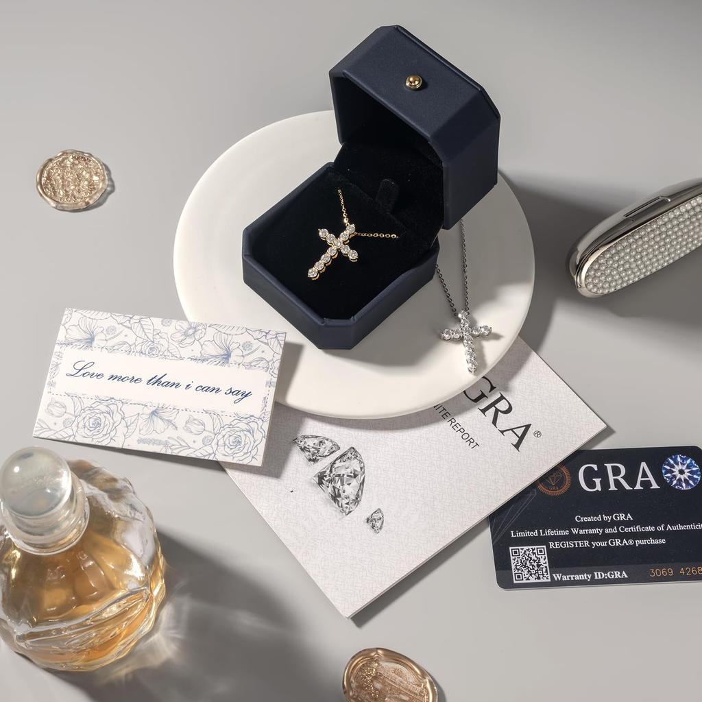[KRKC] Cross Necklace: Birthday Gift, Moissanite/Zirconia, 925 Sterling Silver, Hypoallergenic, Silver/Gold Couple Necklace with Slide Chain, Adjustab
