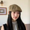 Retro plaid forward hat versatile beret autumn and winter warm face small literary newsboy painter cap