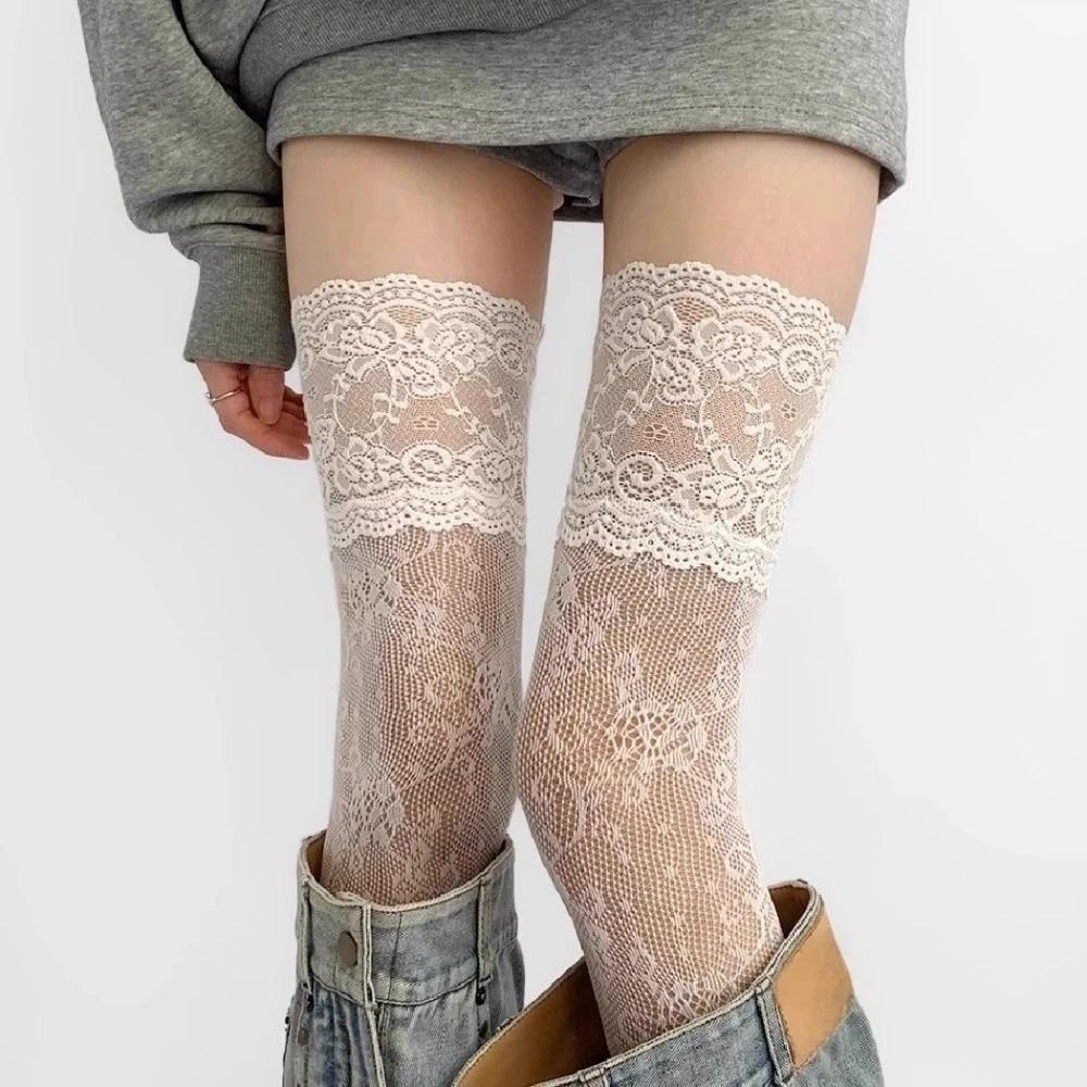 Breathable Lace Trim Stockings Floral Over The Knee Socks Sweet Thigh High Long Socks Girl