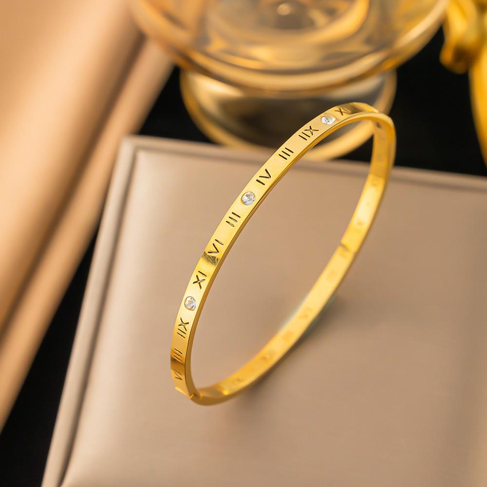 Bracciale da donna in acciaio al titanio con diamanti, placcato oro, non sbiadisce, intarsio di zirconi, alta gamma, semplice, versatile gioiello in acciaio inossidabile
