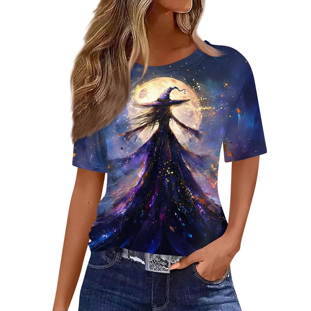 Modisches Lässiges Damen-Pullover-Oberteil mit Kurzarm und Halloween-Print, Rundhals