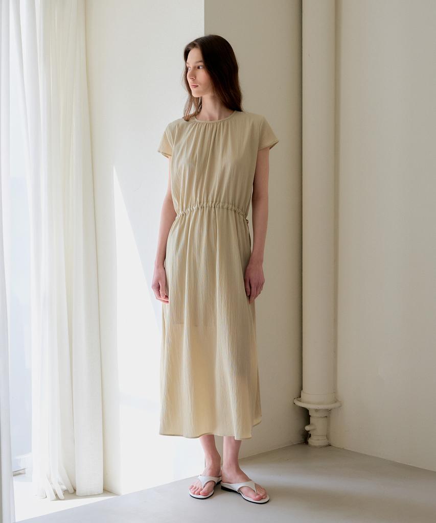 The Ello Shirred Short Sleeve Dress (Beige)