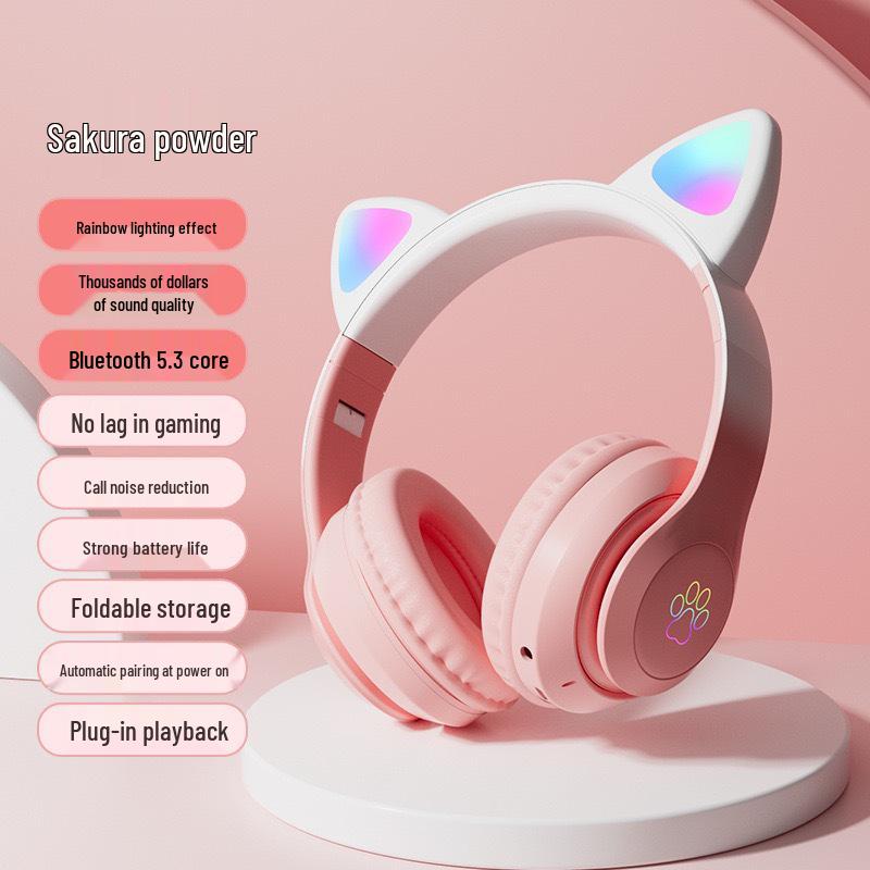 Popular Gradient Cat Ear Bluetooth Headphones, Cute & Trendy, with Long Battery Life for Wireless Sports & Gaming.
