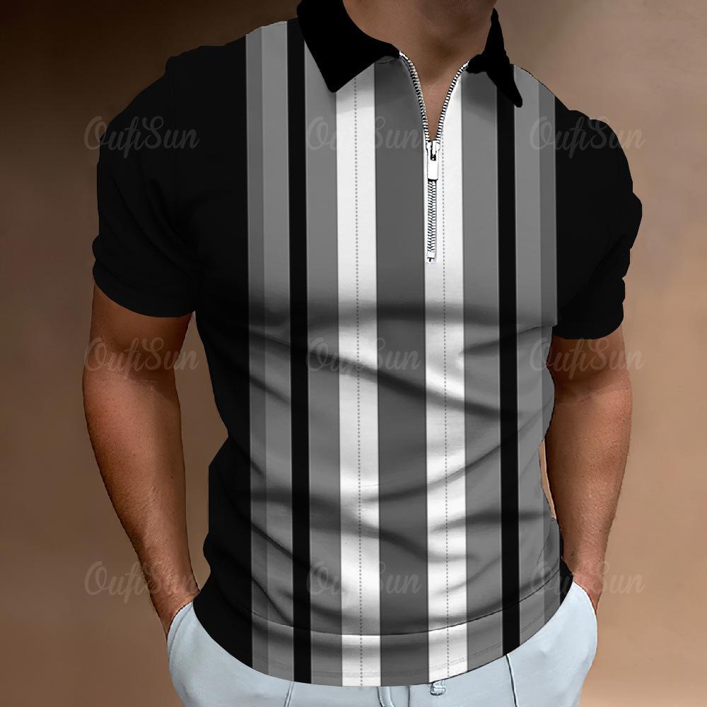 Independent Station Men'S Polo Shirt 3D Digital Printing Half Zipper Vertical Striped Short Sleeve Lapel Top