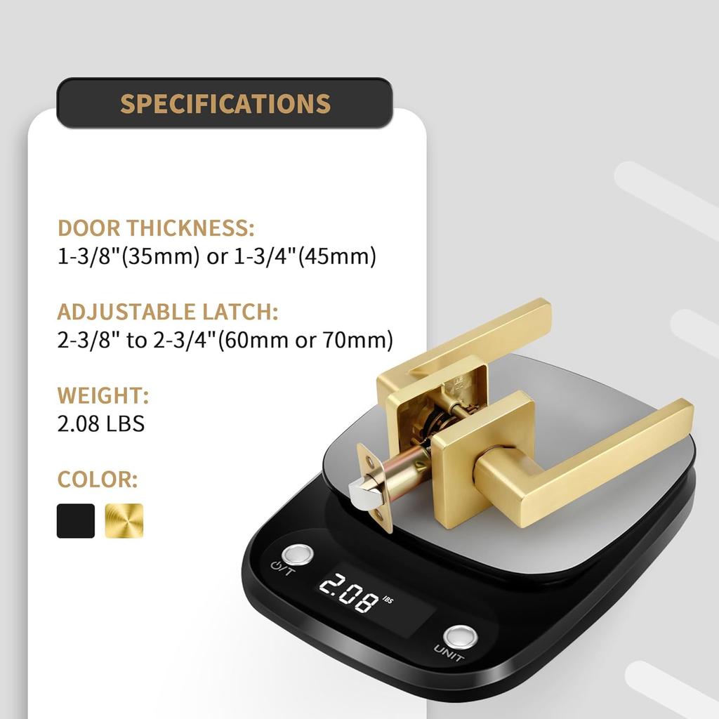 Brushed Gold Door Handles, Heavy Duty No Lock Passage Door Lever, Reversible Square Door Handle Without Lock for Hallway Closet Door, Satin Brass