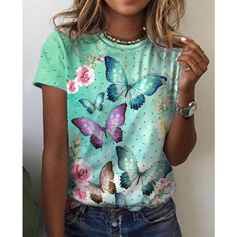 Summer Round Neck 3D Butterfly Print Top Fashionable Casual Short Sleeved Women's T-shirts