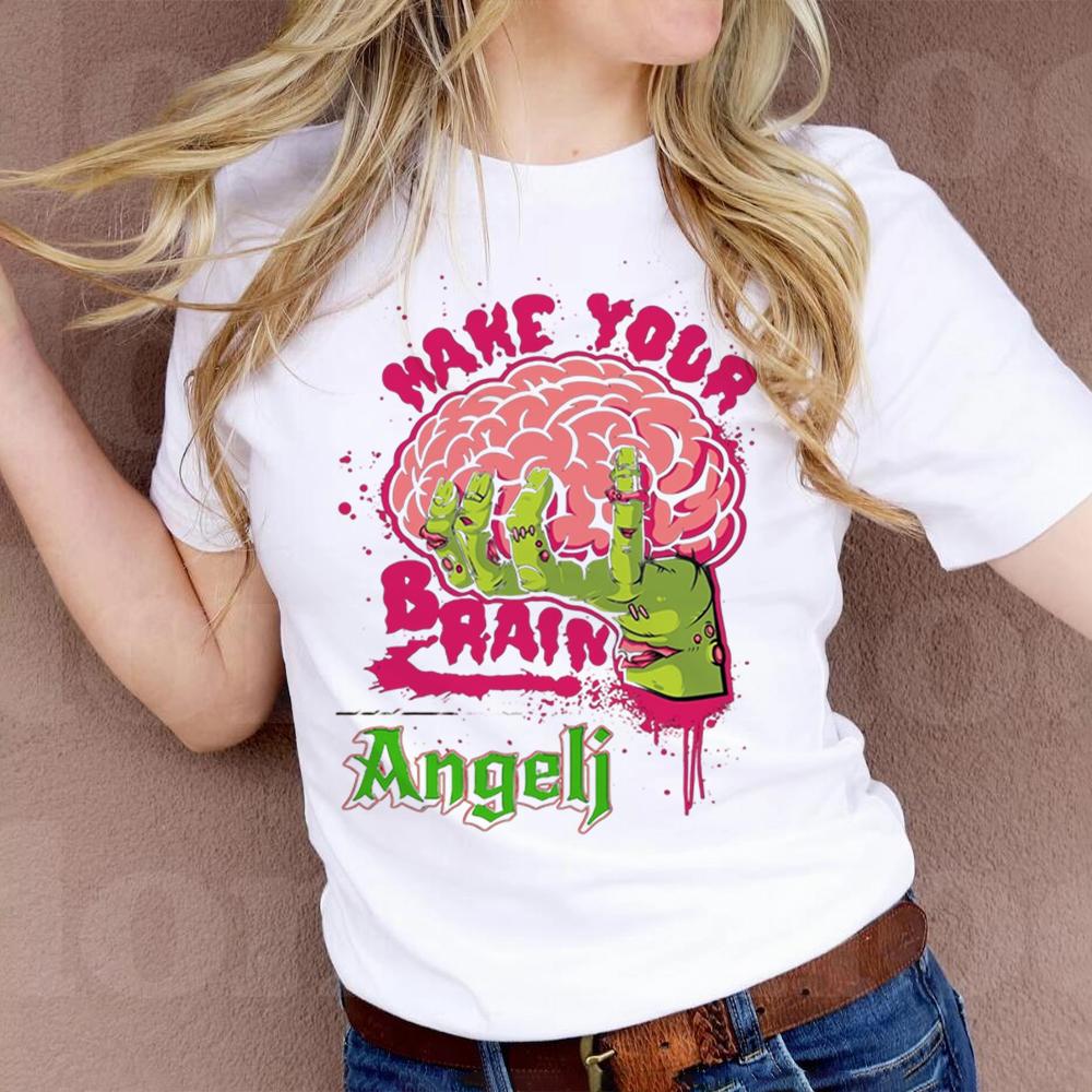 Retro Zombie Skull Print Crewneck Short Sleeve Cotton Graphic T-shirt with Bold Neon Colors and Punk Slogans