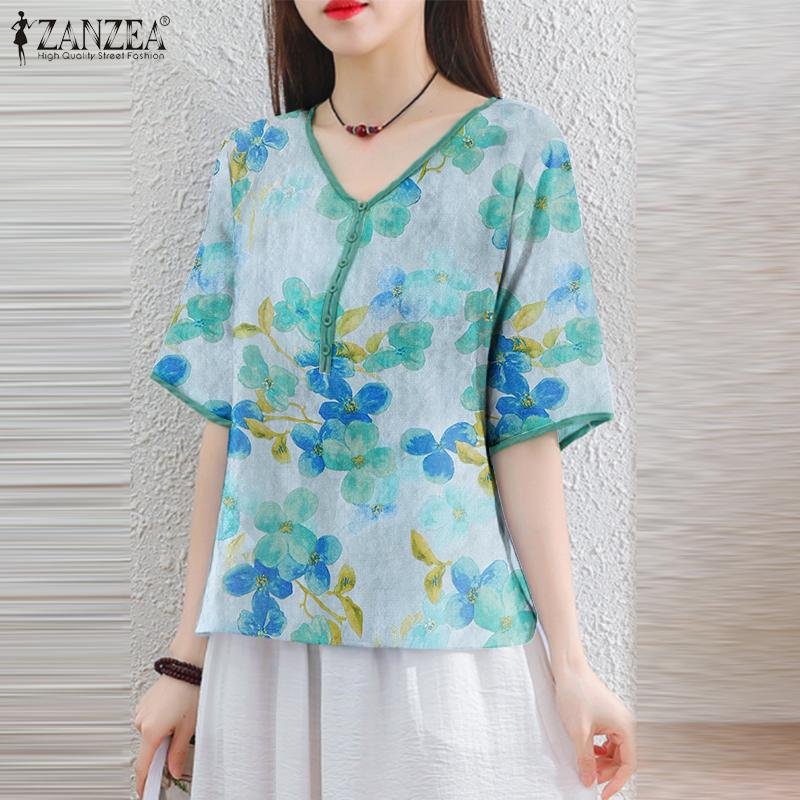 

ZANZEA Женский свободный повседневный топ с v-образным вырезом и средним рукавом на пуговицах и цветочным принтом