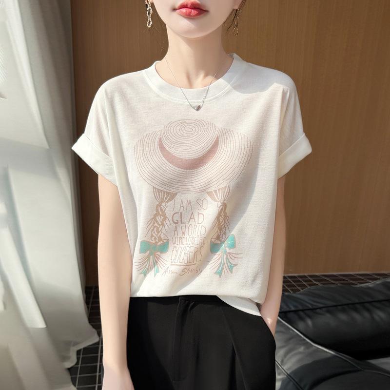 

Spring and Summer New Style Round-neck Knitted Shirt with Short Sleeves, Women s Straw Hat Print, Loose-Fitting Pullover Base Layer T-Shirt XL слонова кістка