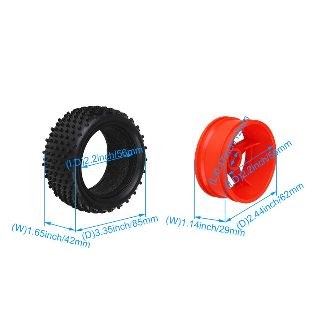 Mxfans 4-Pack Cylindrical Rubber Tires & Plastic Pentagram Wheel Rims for RC 1:10 Off-Road Vehicles (Black & Red)