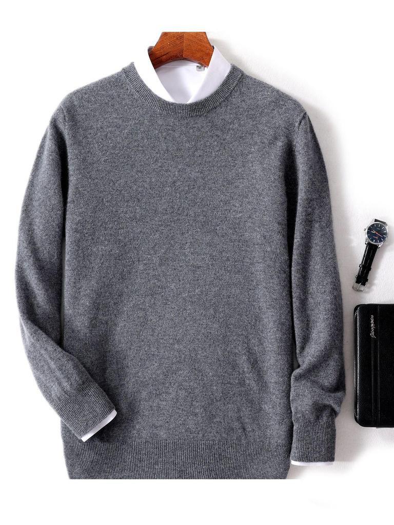 Men's 100% Pure Wool Crew Neck Sweater - Medium Thickness, Solid Color Knitwear for Autumn and Winter Warmth