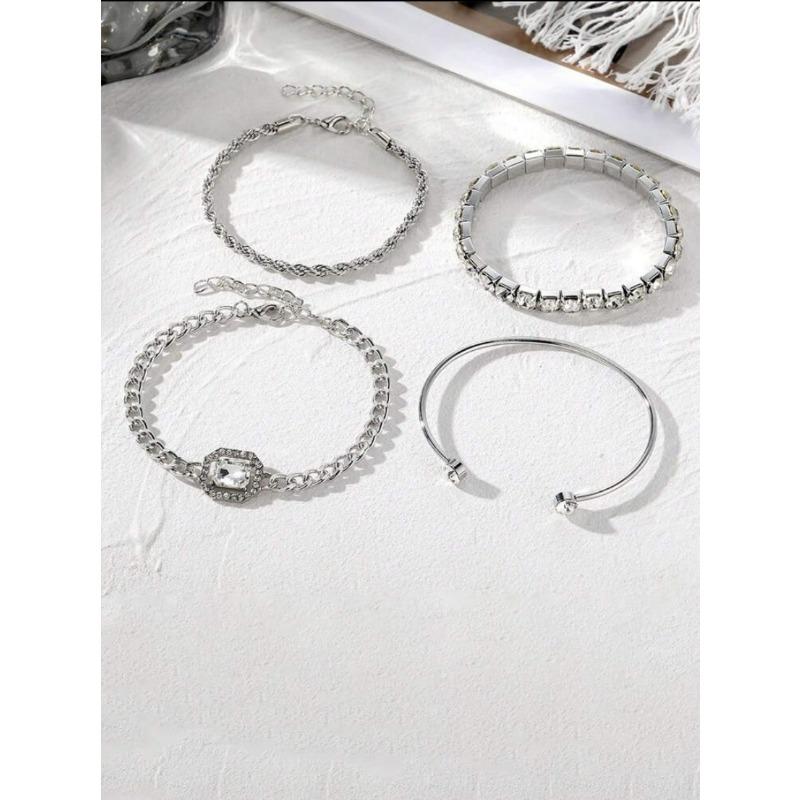 Literary and Artistic Retro Versatile Metal Chain Square Diamond 4-piece Set of Hot Selling Multi-layer Diamond Stacked Bracelet Set