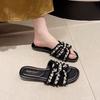 2025 summer wear fashion lightweight flat-bottomed beach cool slippers trendy explosion small fragrant wind French pearl slippers women