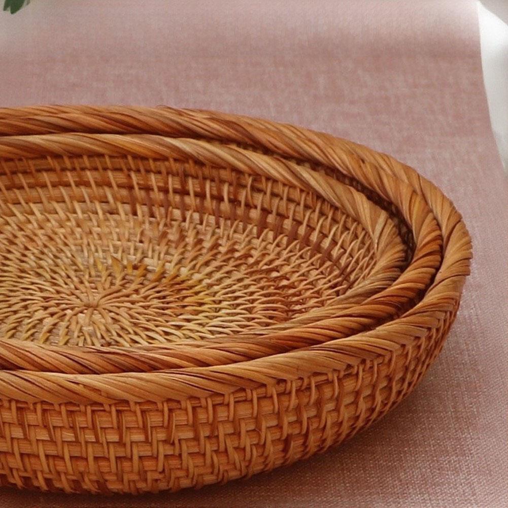 Natural Rattan Fruit Basket Round Shallow Tray for Home Decor Coffee Table Dining Table and Snack Organization