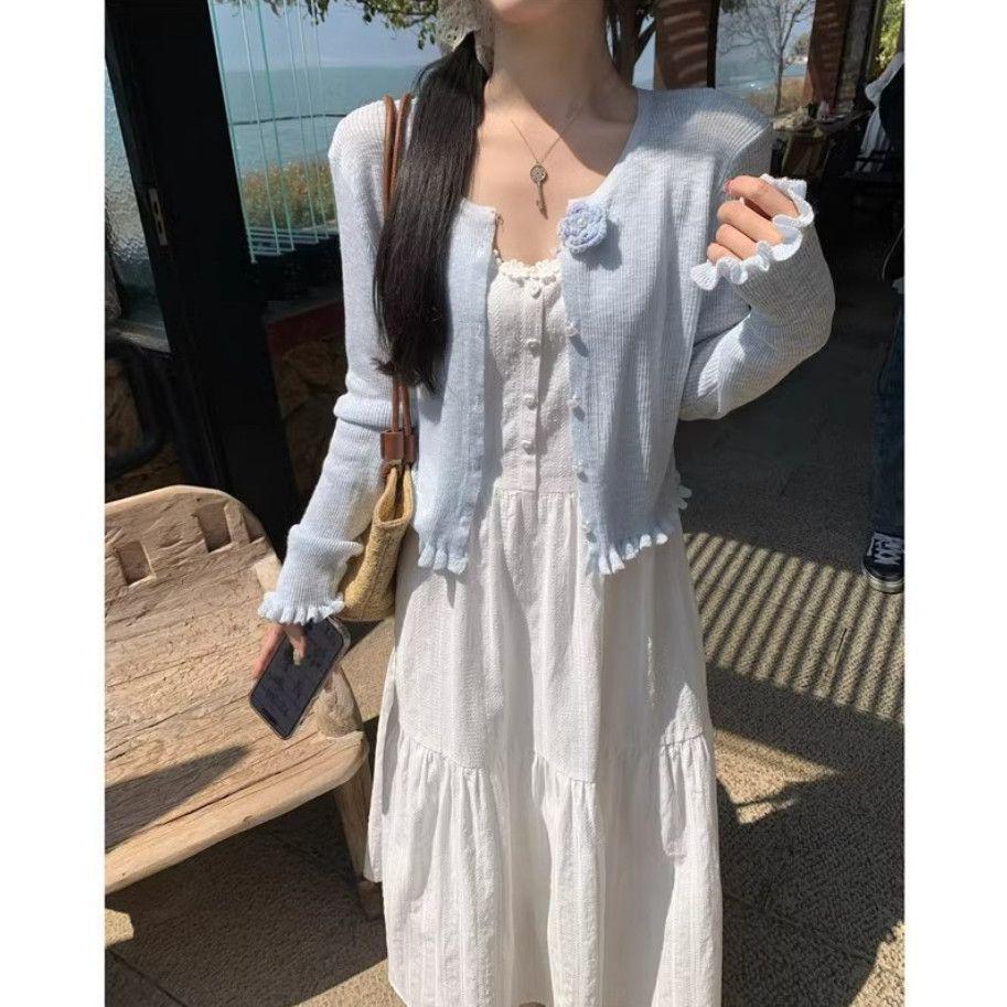 Plus Size French Lace Camisole Dress & Sun Protection Cardigan Set S [Recommended for under 95 jin]