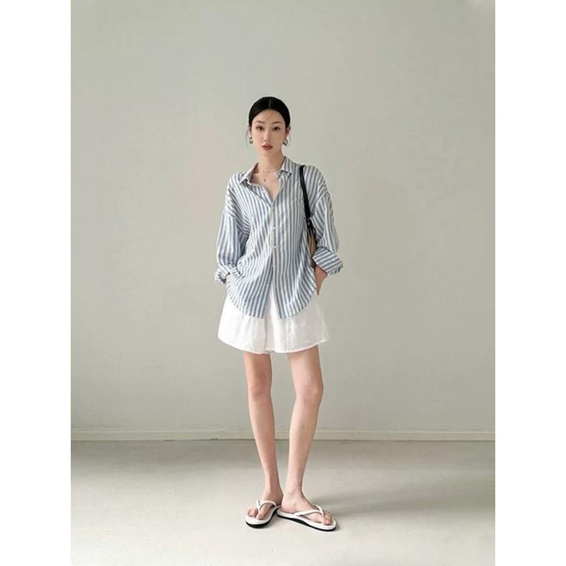 Womens Relaxed Fit Linen Cotton Striped Shirt With Collar Long Sleeve Lightweight Blouse Casual Oversized Top
