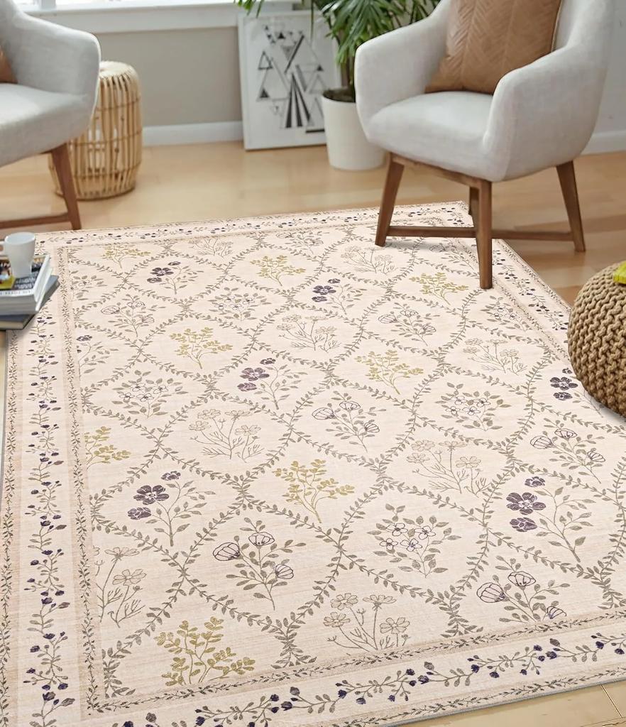 Floral Living Room Carpet Large Area Pastoral Style Print Bedroom Plush Rug Home Decoration Machine Washable Non-slip Floor Mats