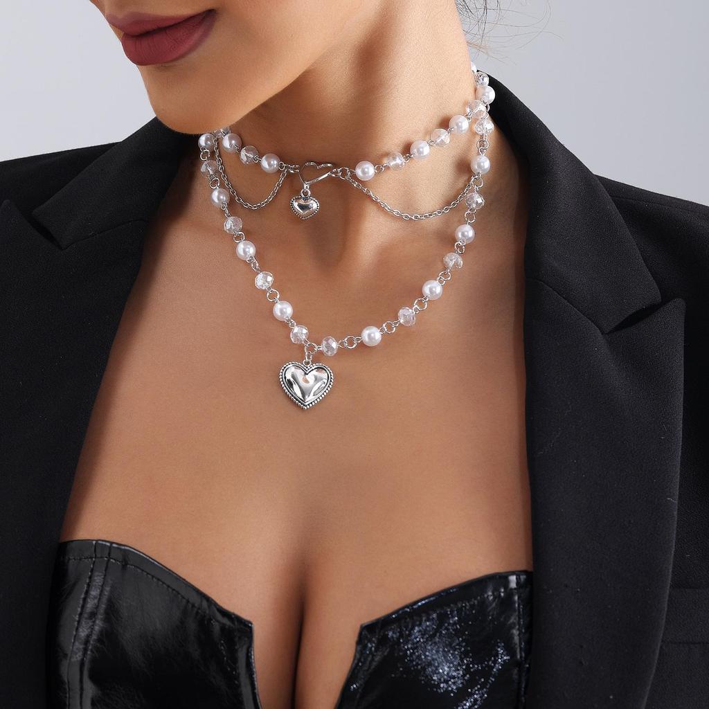 European and American Fashion Multi-layer Heart and Pearl Tassel Necklace for Women