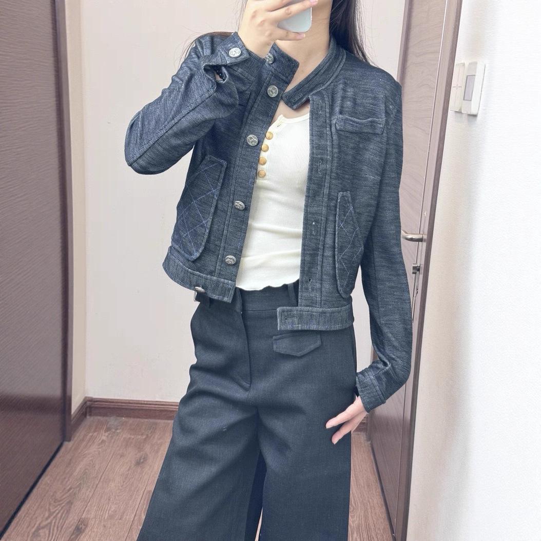 

In-Stock Retro Quilted Denim Knit Jacket - Stand-Up Collar Dark Blue Outerwear for Autumn/Winter 25 Medium темно-синий