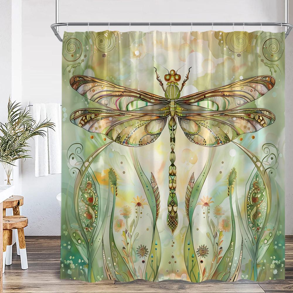 Vintage Dragonfly Shower Curtain Insect Plant Purple Flower Wistera Daisy Bathroom Decor Polyester Bathtub Curtain with Hooks