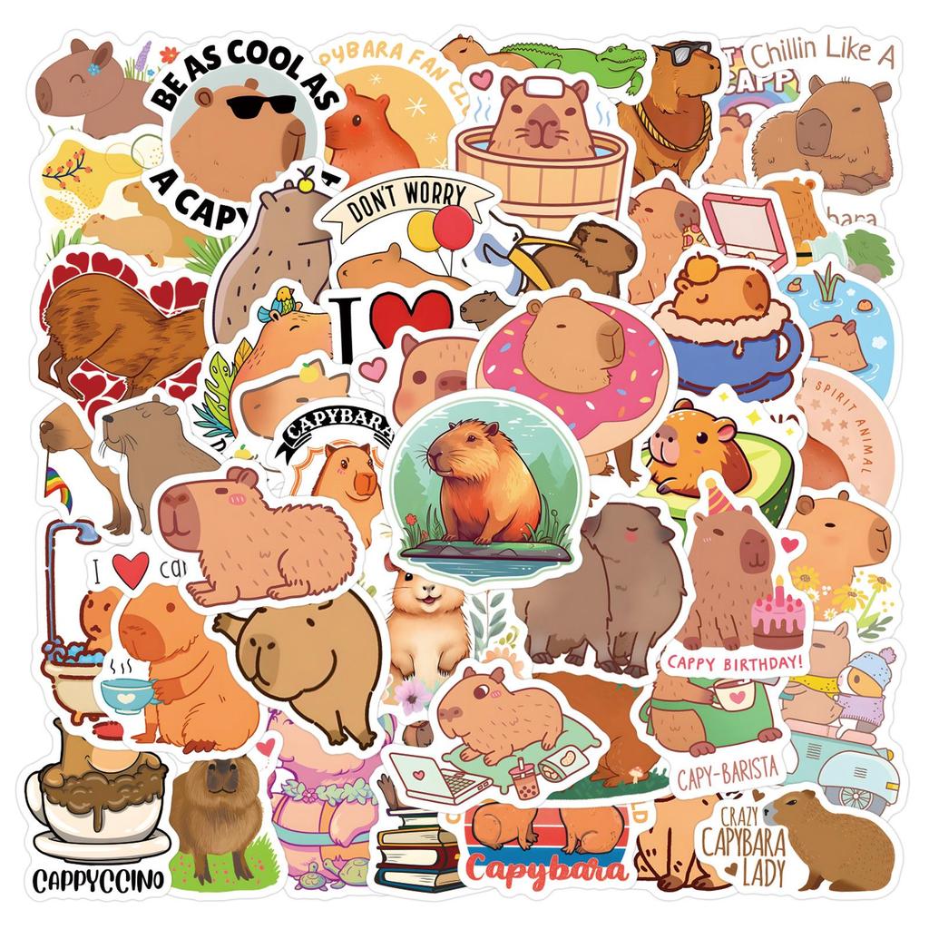 60 Cartoon Anime Capybara Stickers: Waterproof PVC for Cups, Luggage, Helmets, Skateboards, Notebooks.